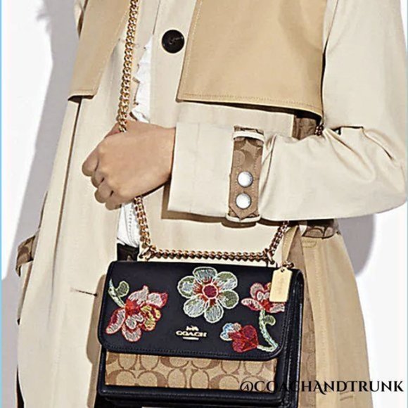 COACH Navy Leather Embroidered Dreamy Floral Klare Gold Accents & Strap NWT - Picture 11 of 12